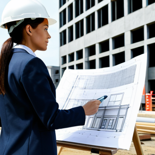 Home 15 ** A professional female architect in a fully clothed, modest business suit, reviewing blueprints on a construction site. Background includes a partially built modern building and construction workers in the distance. Perfect anatomy, correct proportions, natural pose, professional photography, high quality, safe for work, appropriate content, fully clothed, professional.
**