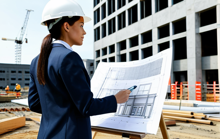 ** A professional female architect in a fully clothed, modest business suit, reviewing blueprints on a construction site. Background includes a partially built modern building and construction workers in the distance. Perfect anatomy, correct proportions, natural pose, professional photography, high quality, safe for work, appropriate content, fully clothed, professional.

**