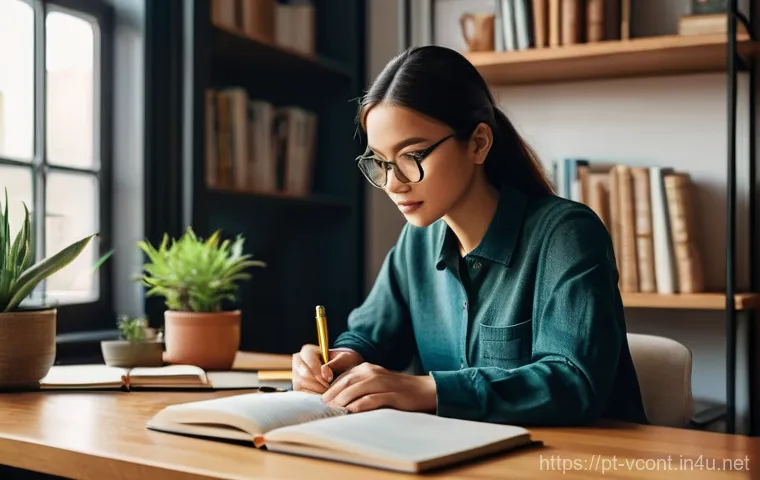 영상콘텐츠 전문가 실기 시험 준비 방법 - **Creative Scriptwriting Session:**
    "A diverse content creator, in their late 20s, wearing a com...