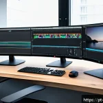 영상콘텐츠 전문가가 활용하는 필수 소프트웨어 - A modern video editing workspace showcasing a sleek computer setup with dual monitors displaying Ado...