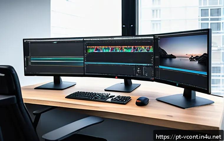 영상콘텐츠 전문가가 활용하는 필수 소프트웨어 - A modern video editing workspace showcasing a sleek computer setup with dual monitors displaying Ado...