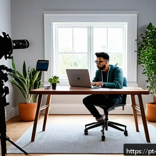 영상콘텐츠 전문가로 성장하기 위한 커리어 로드맵 - A modern content creator's home studio setup in a bright, cozy room with natural daylight streaming ...