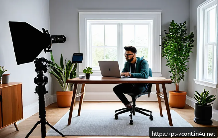 영상콘텐츠 전문가로 성장하기 위한 커리어 로드맵 - A modern content creator's home studio setup in a bright, cozy room with natural daylight streaming ...