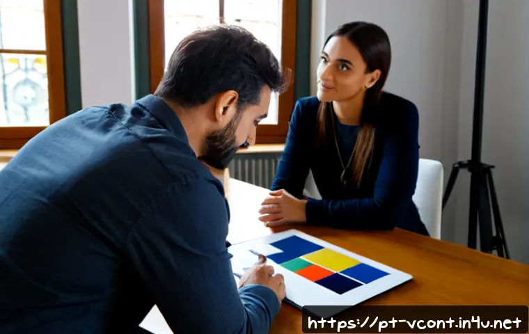 Home 17 영상콘텐츠 전문가와 고객 간의 커뮤니케이션 전략 - Photorealistic video content consultant and small business client discussing a storyboard at a brigh...